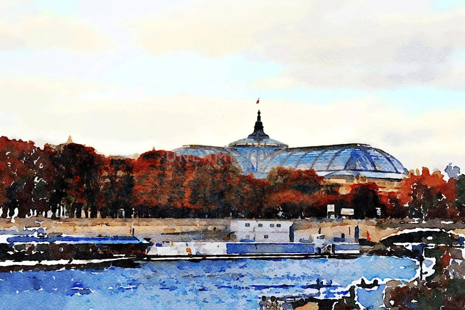 Watercolor representing the view from the Seine of one of the historic buildings to the gardens of Paris in the autumn