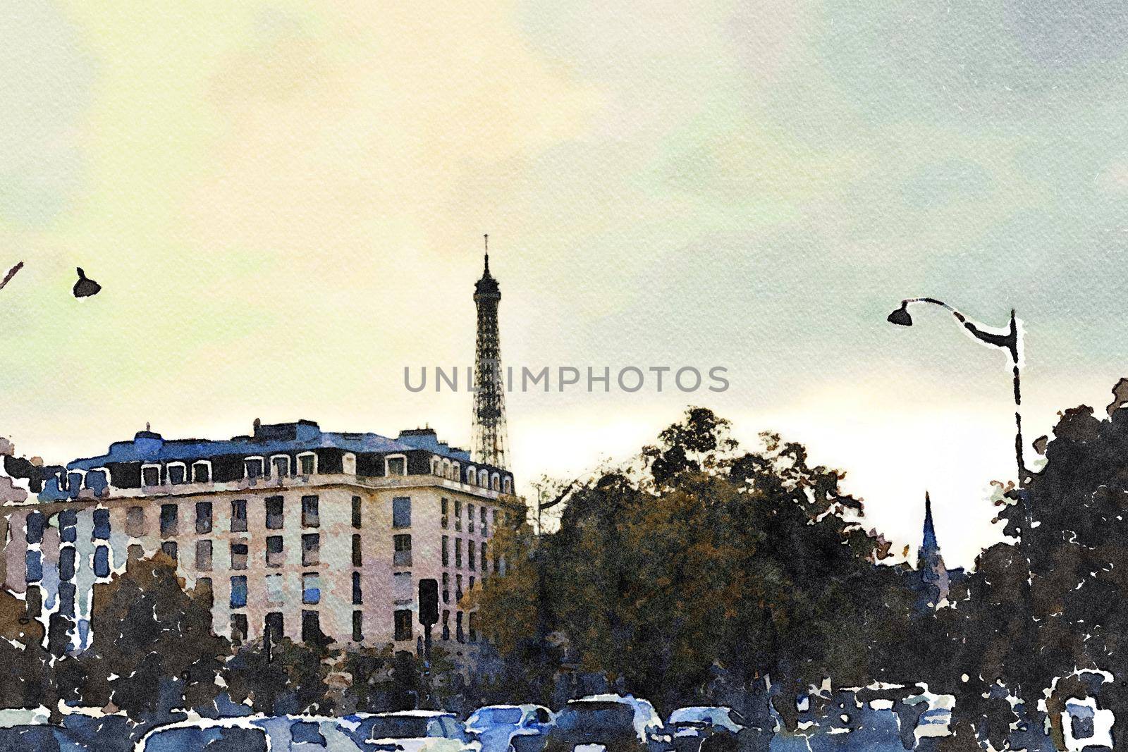 Watercolor representing a glimpse of the Eiffel Tower from a square in Paris in autumn