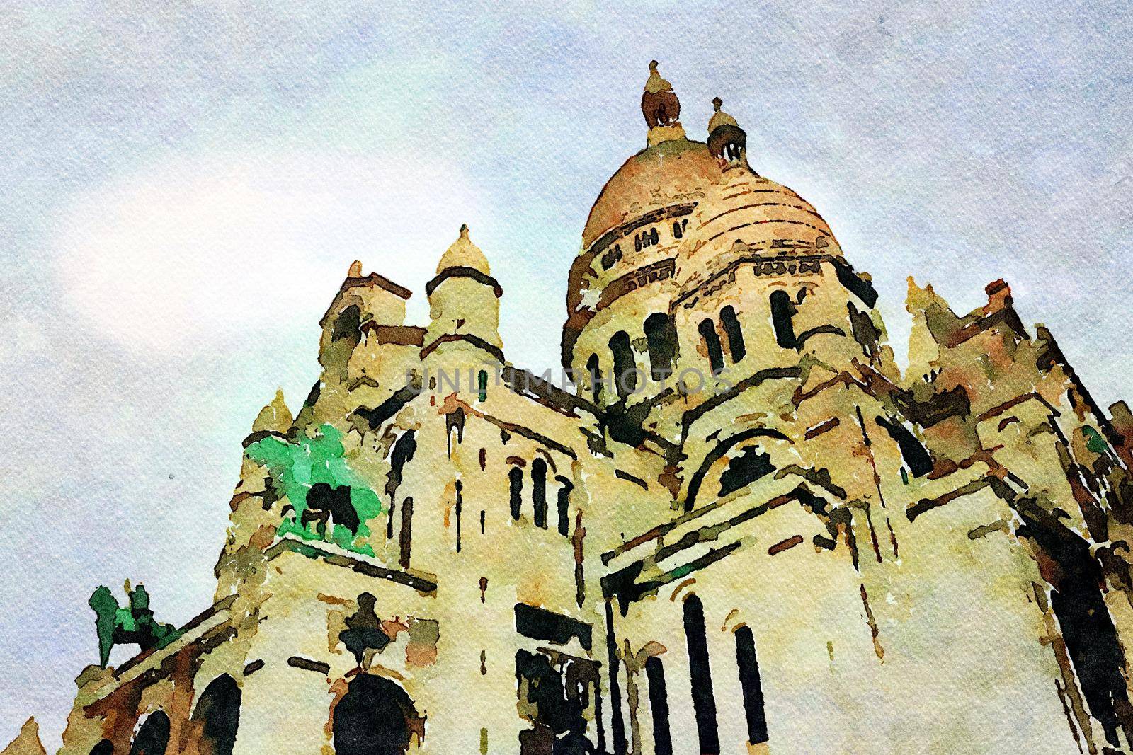 Watercolor representing a glimpse of the church of the Sacre Coeur in the Montmartre district of Paris in the autumn