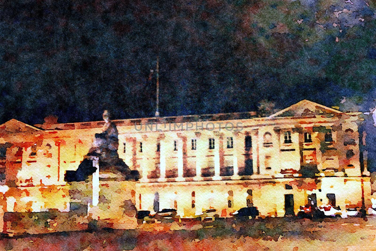 Watercolor representing a glimpse of the area of the Louvre museum in Paris on an autumn night