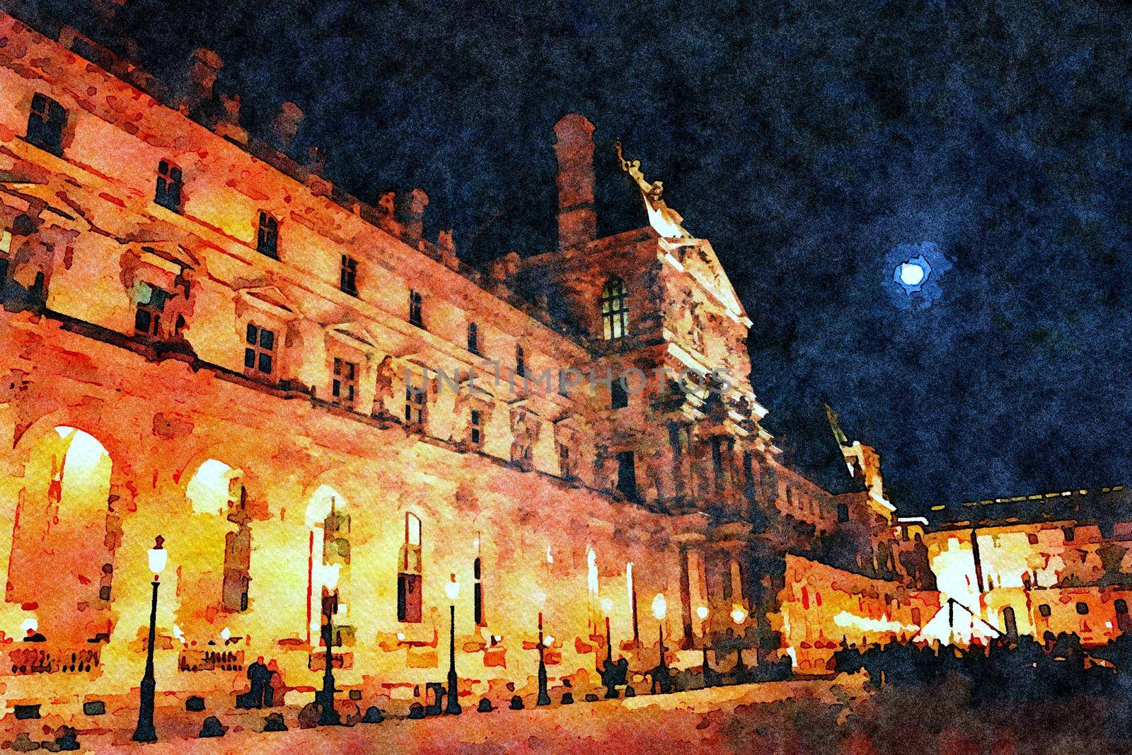 Watercolor representing a glimpse of the area of the Louvre museum in Paris on an autumn night