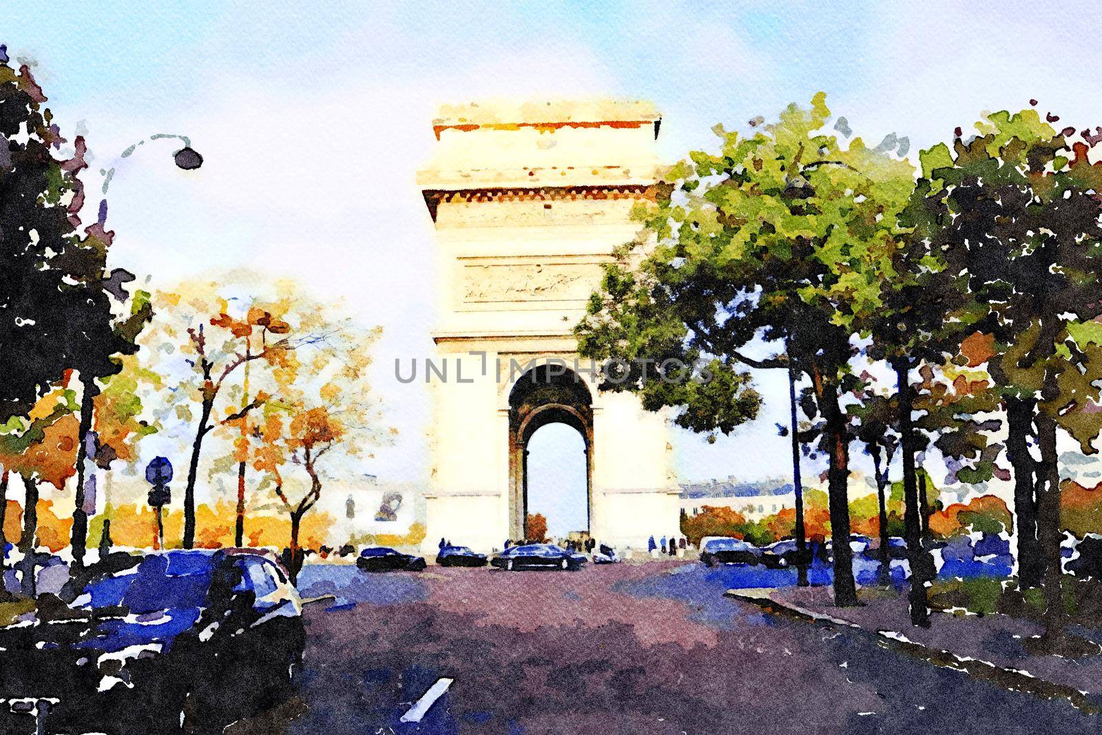 watercolor of the arc de triomphe in Paris on an autumn day