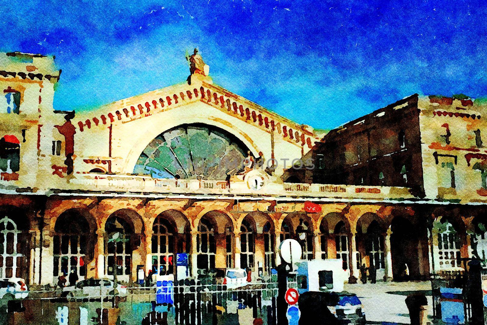 Watercolor representing the main facade of one of the stations of Paris in the autumn