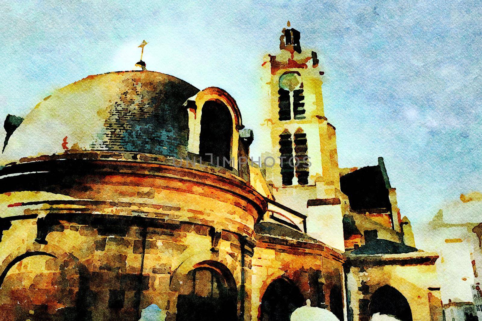Watercolor representing one of the churches in central Paris in the autumn