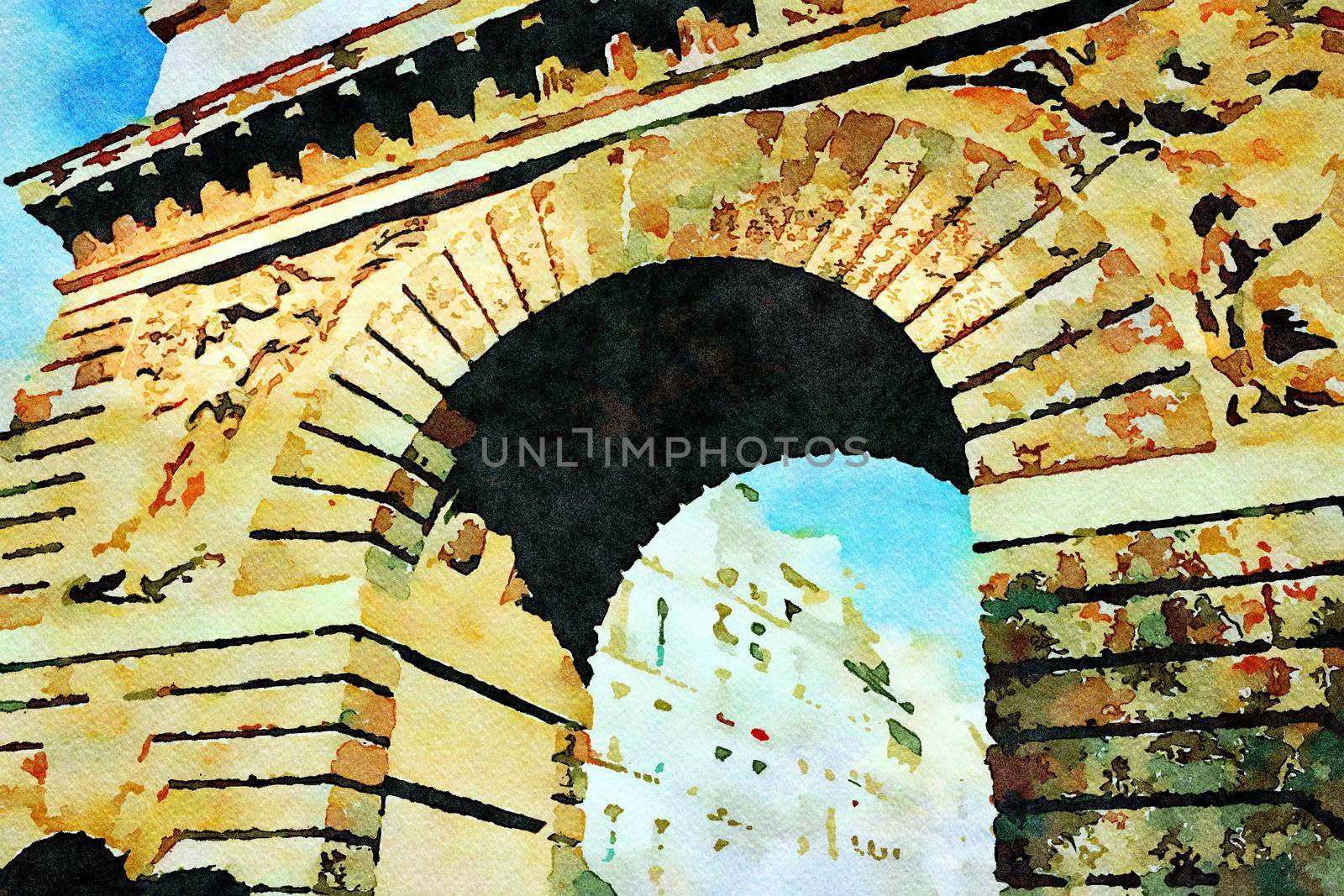 Watercolor representing one of the ancient arches in central Paris in the autumn