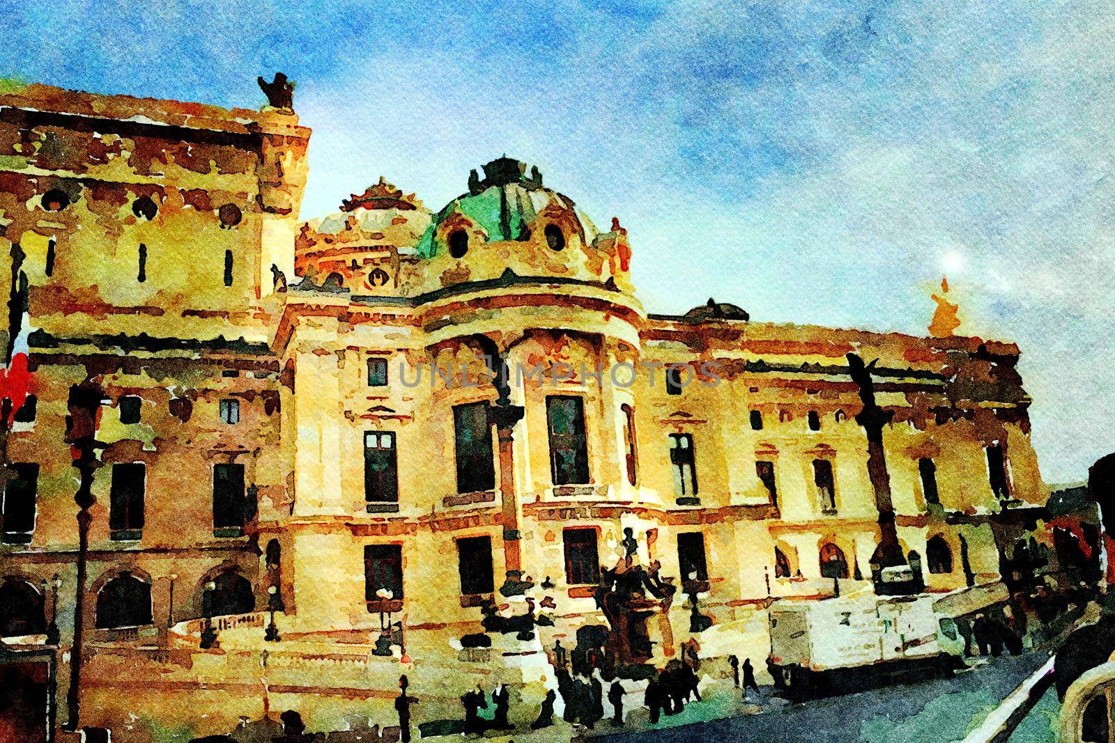 Watercolor representing a historic building overlooking one of the squares in central Paris in the autumn