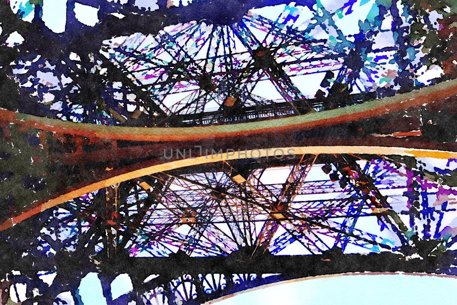 watercolor of the lower metal structure of the Eiffel Tower in Paris on an autumn day