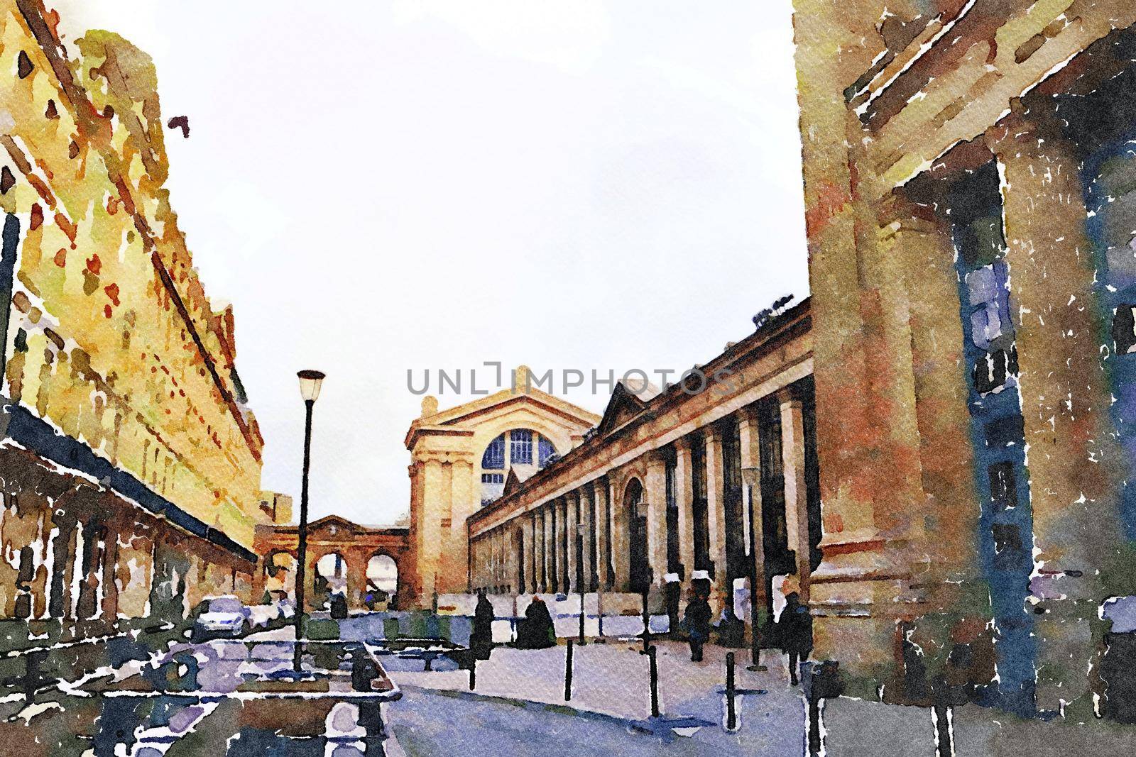 watercolor representing a side of one of the Paris stations