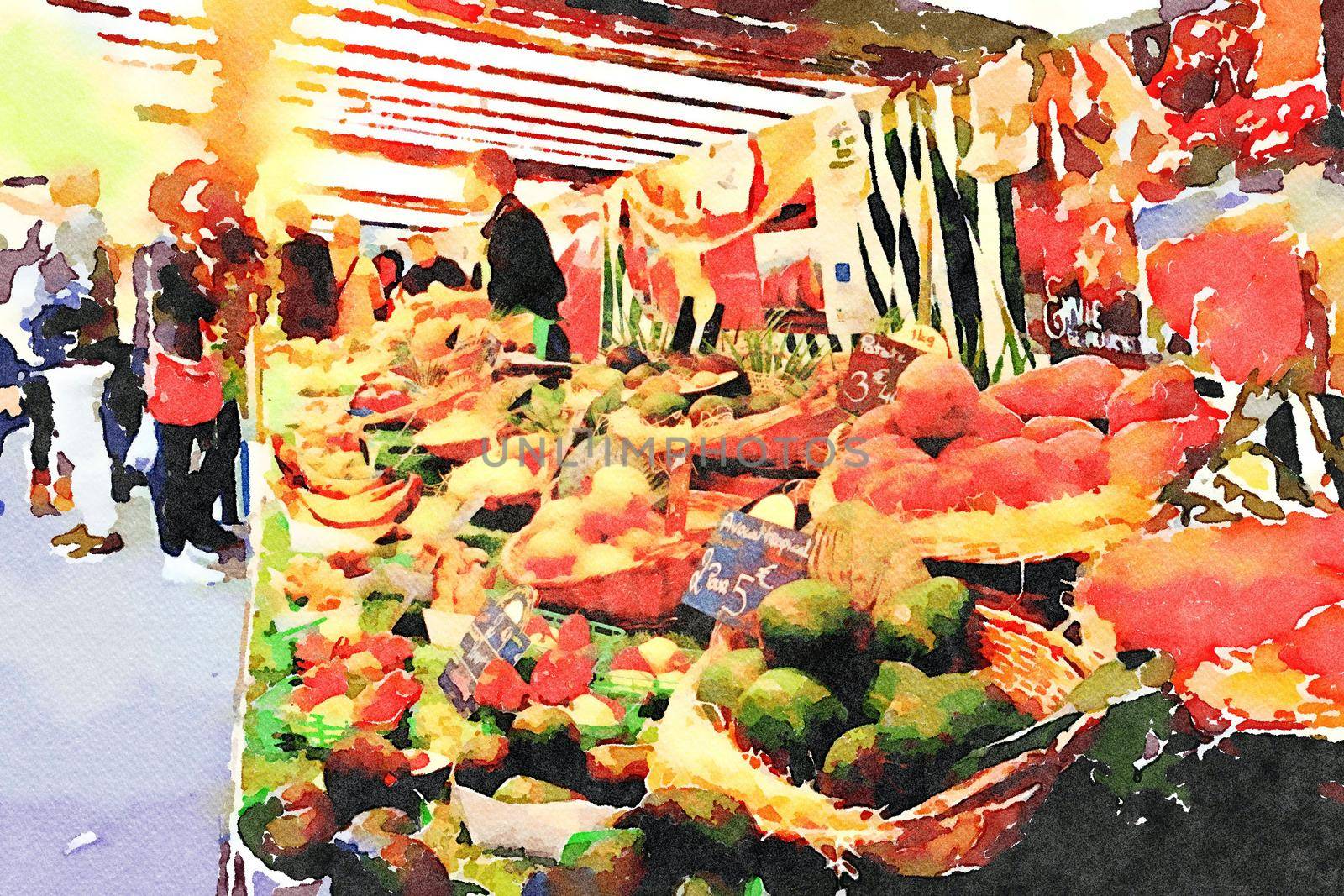 watercolor representing a scene from the open-air food market in Paris