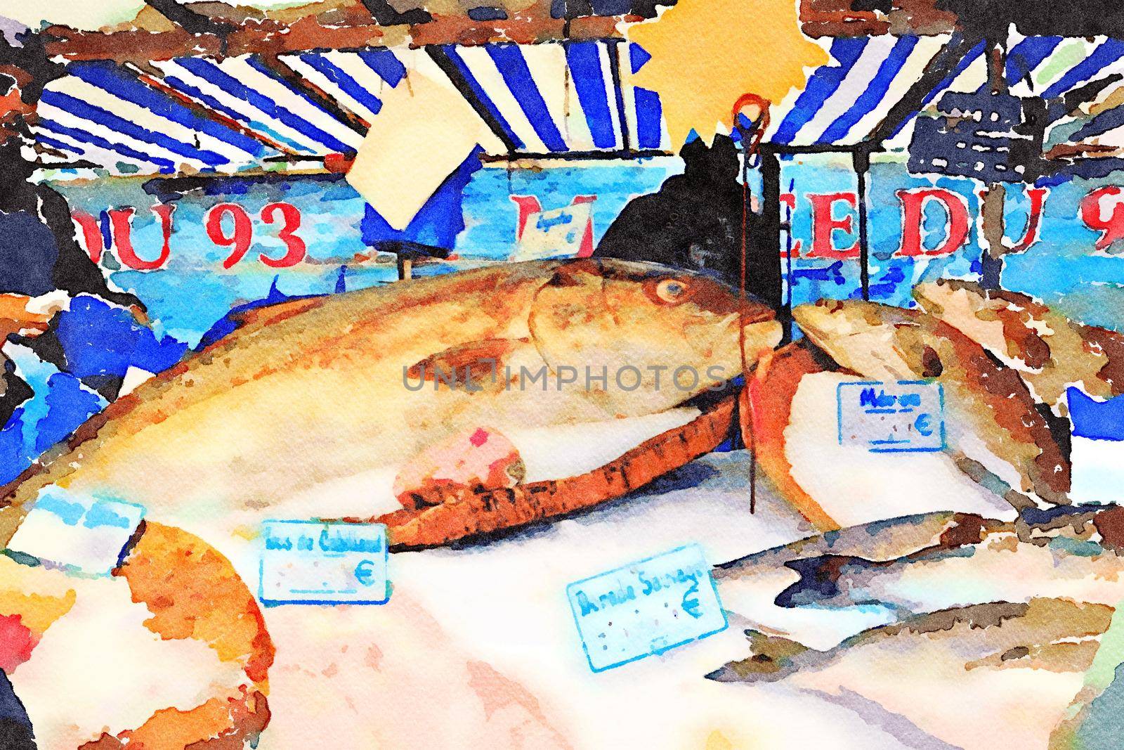 watercolor representing a scene from the open-air food market in Paris