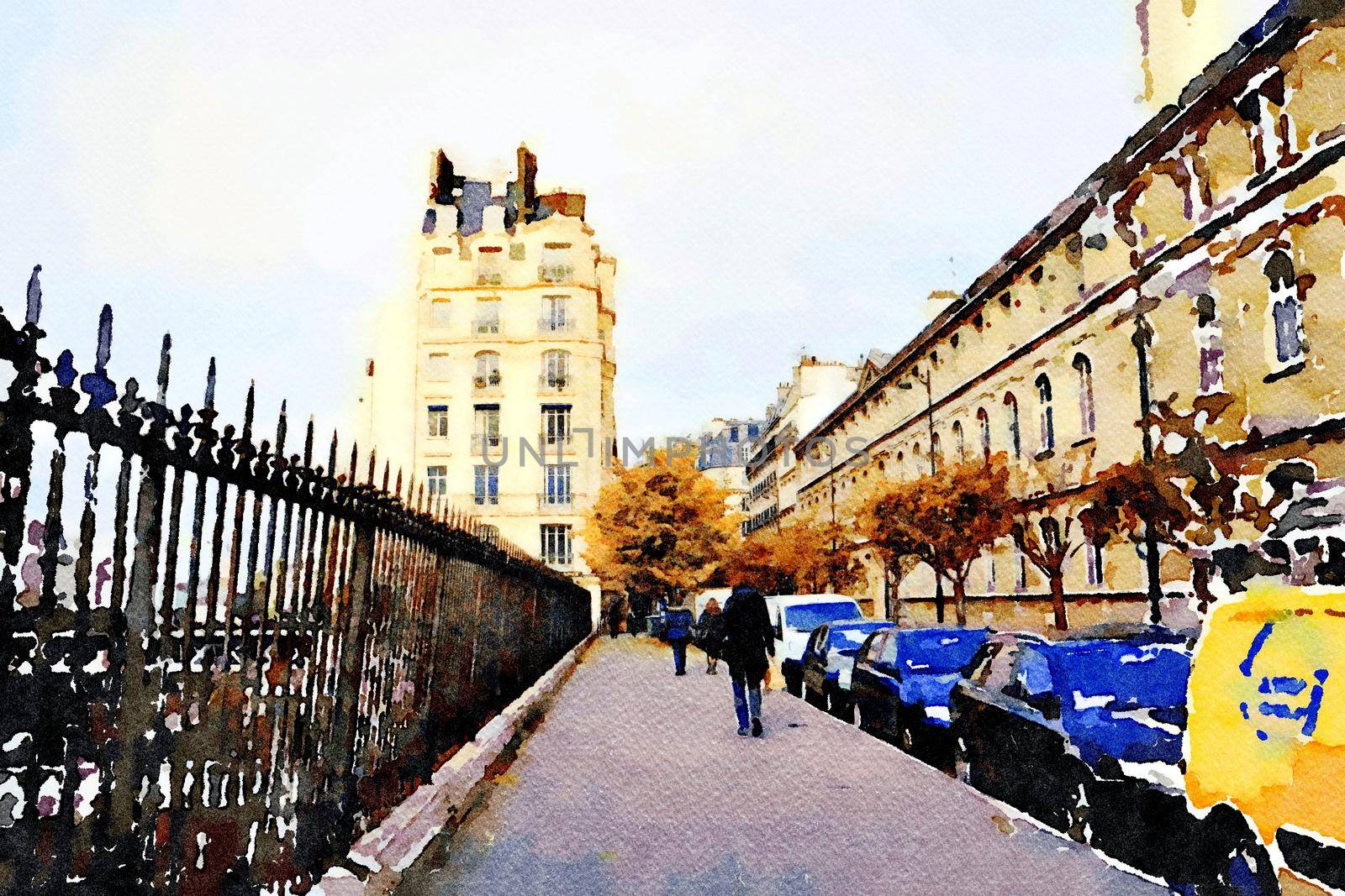 watercolor representing one of the streets in central Paris