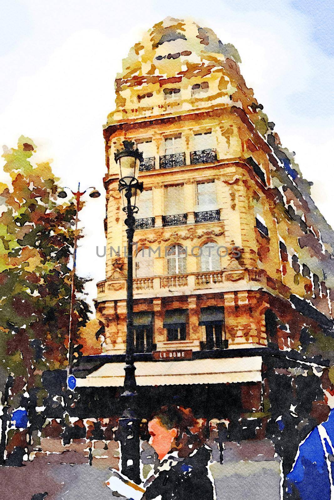 watercolor representing the facade of a historic building in the center of Paris