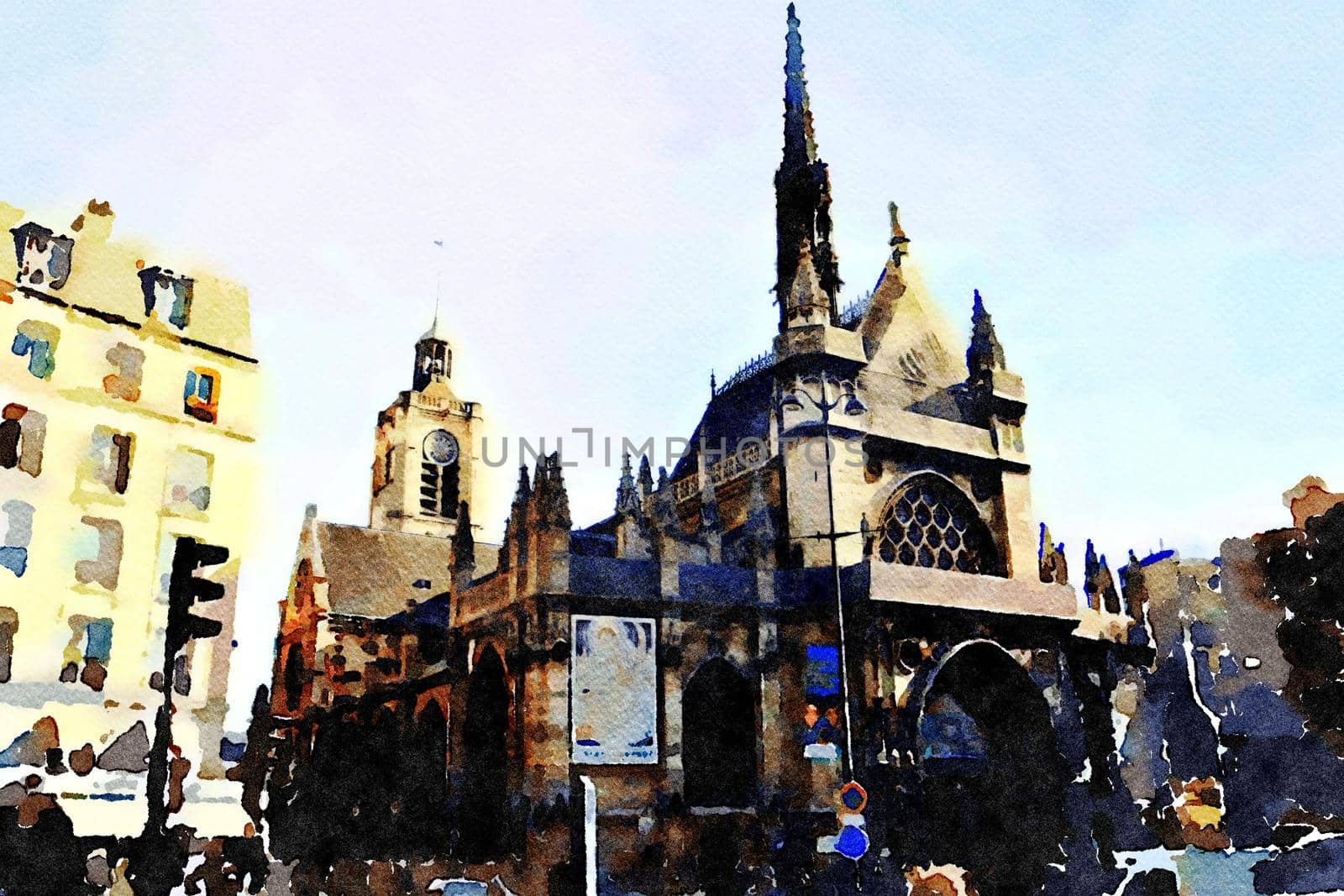 watercolor representing one of the small Gothic churches in the center of Paris