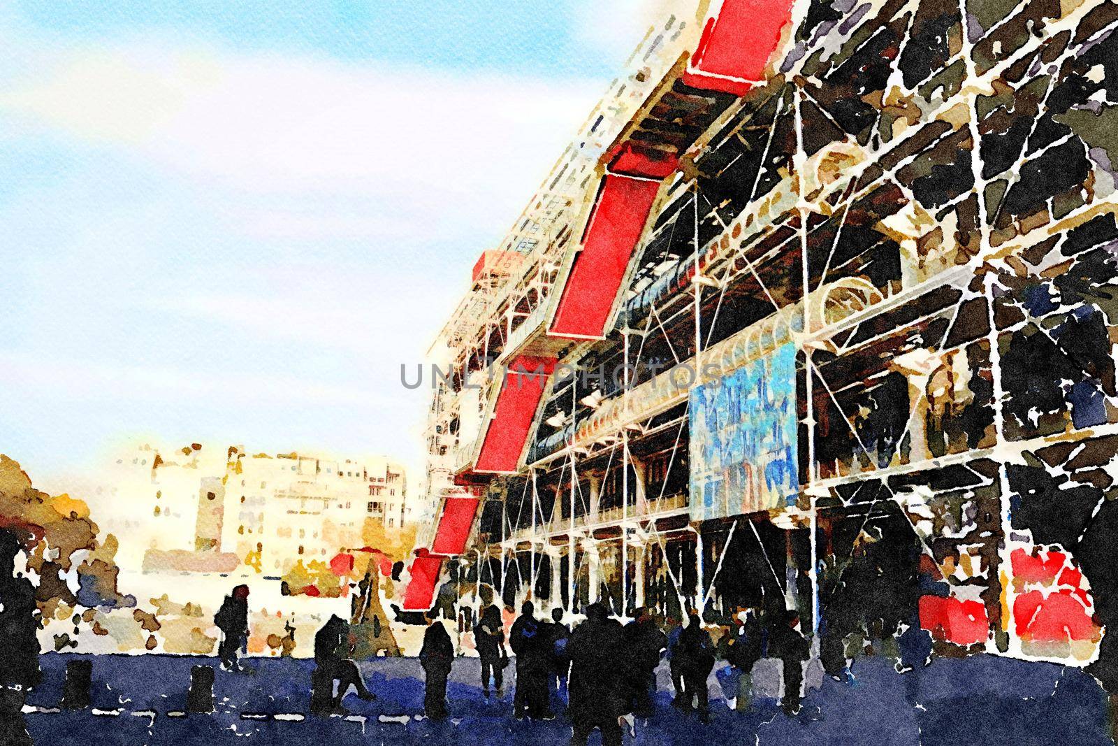 watercolor of a facade of the center pompidou in Paris on an autumn day