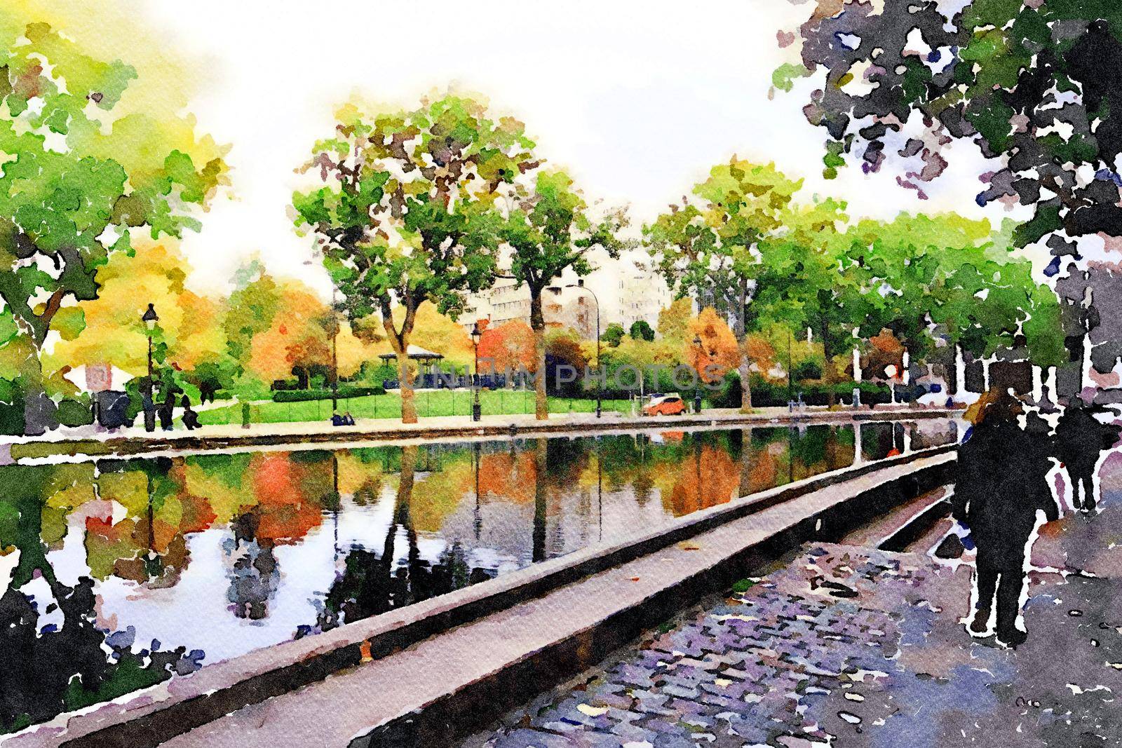 watercolor representing the walk on the Seine canals in Paris in the autumn