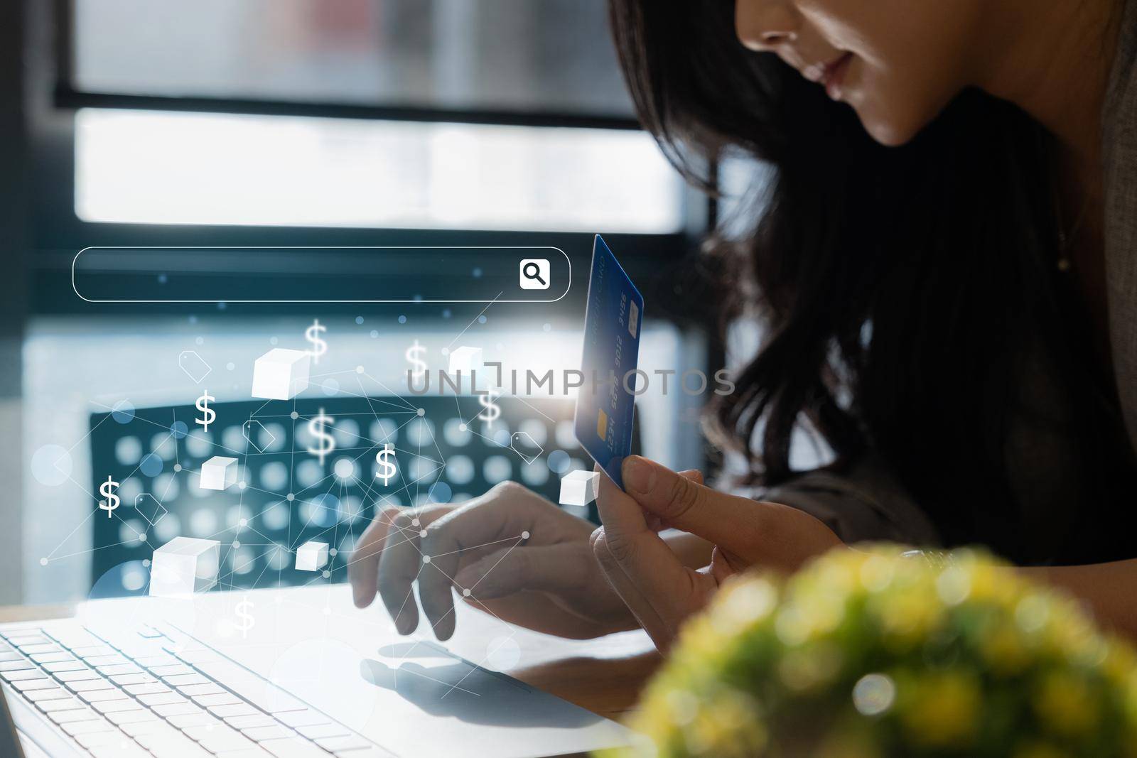 Online Shopping. Asian woman typing credit card information by smartphone keyboard for shopping online