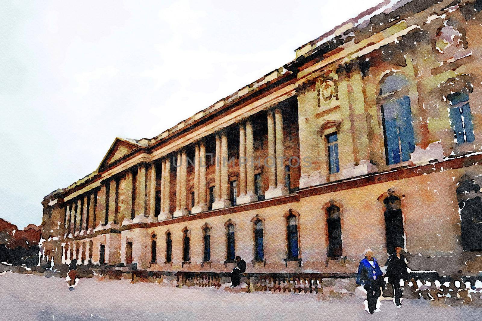 watercolor representing one of the facades of the Louvre