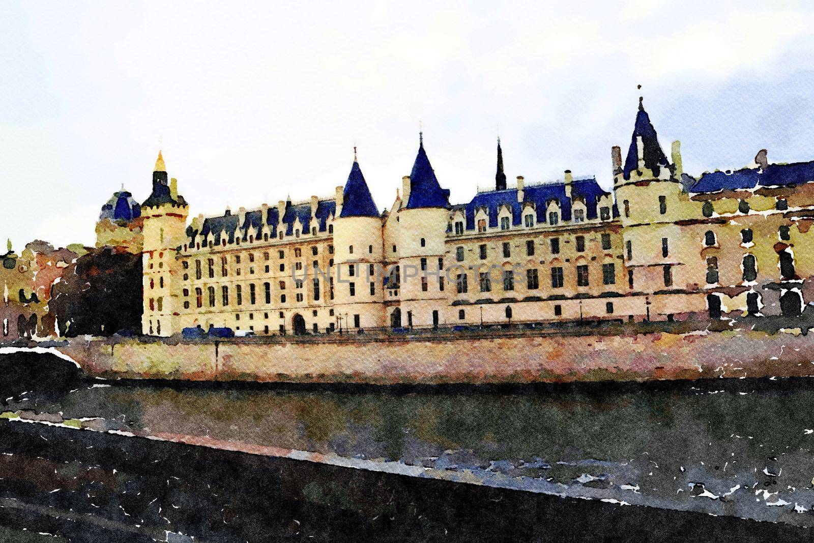 watercolor representing the Seine seen from the bridges of Paris Conciergerie