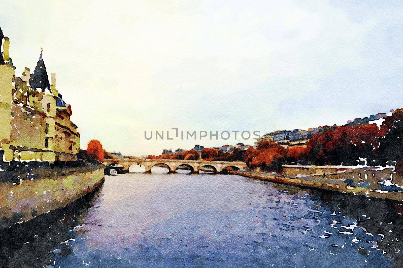 watercolor representing the Seine seen from the bridges of Paris
