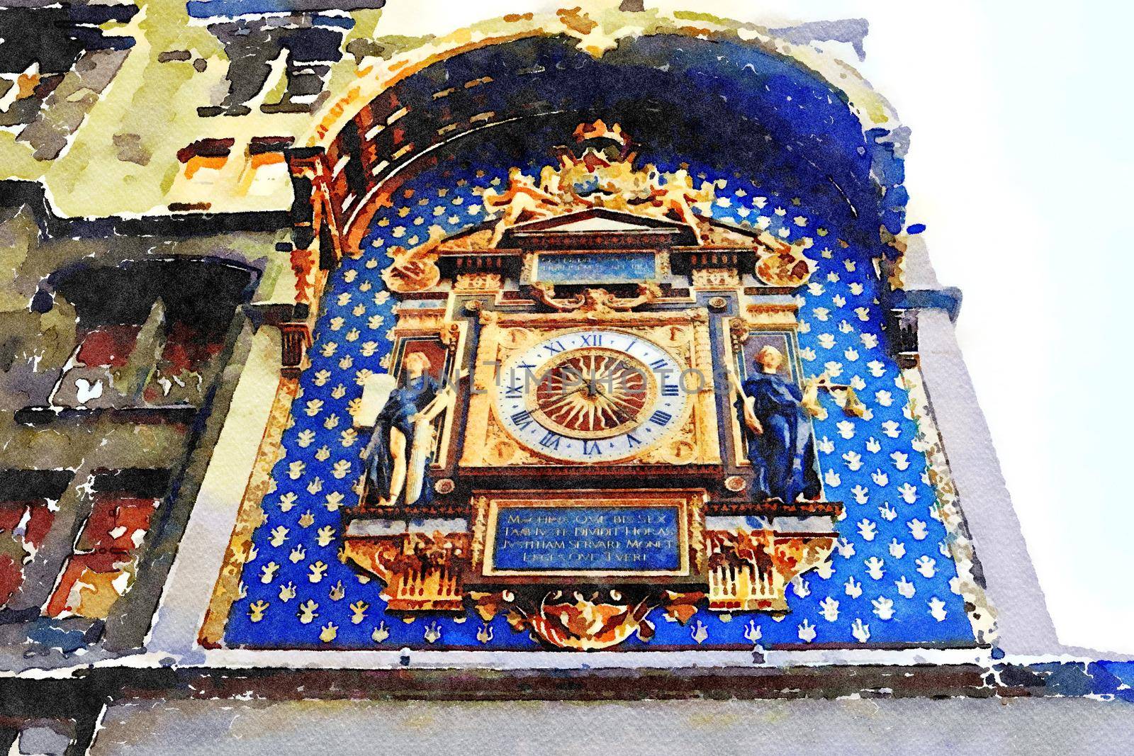 watercolor representing an antique clock on the facade of a historic building at an intersection in central Paris