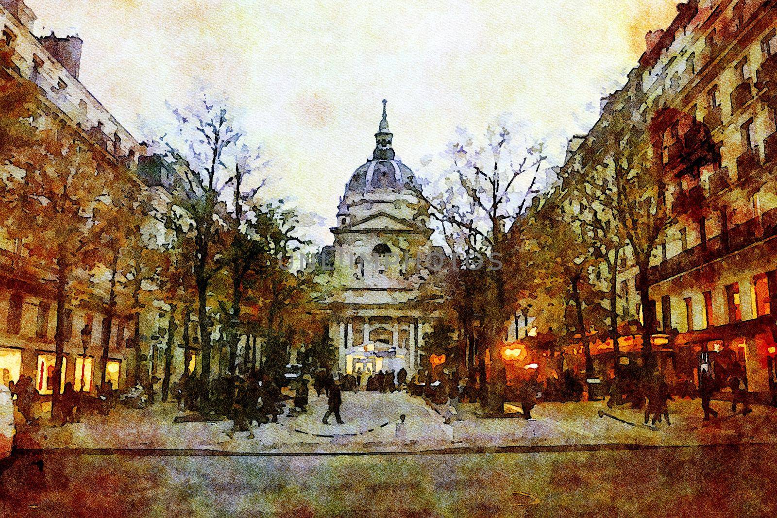 watercolor representing one of the squares in the center of Paris