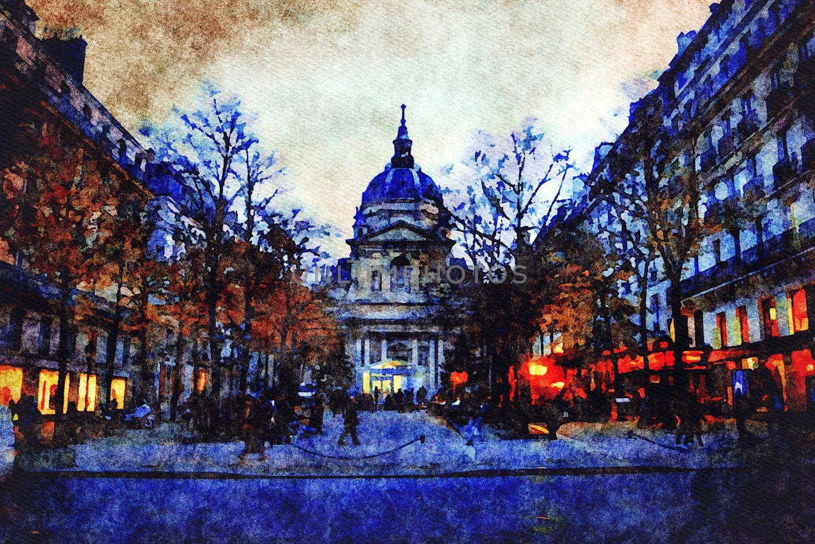watercolor representing one of the squares in the center of Paris