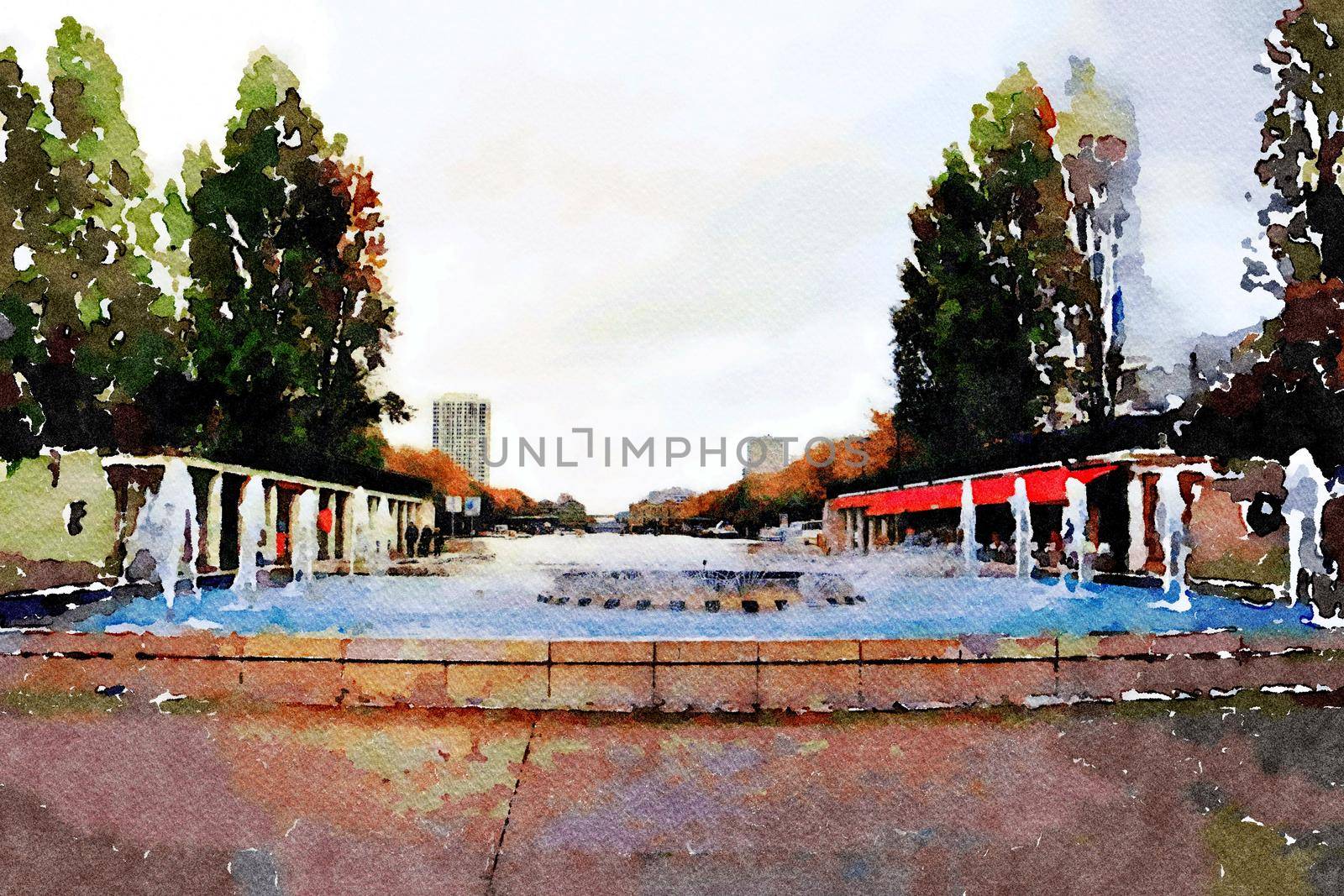 watercolor representing one of the squares with fountain in the center of Paris