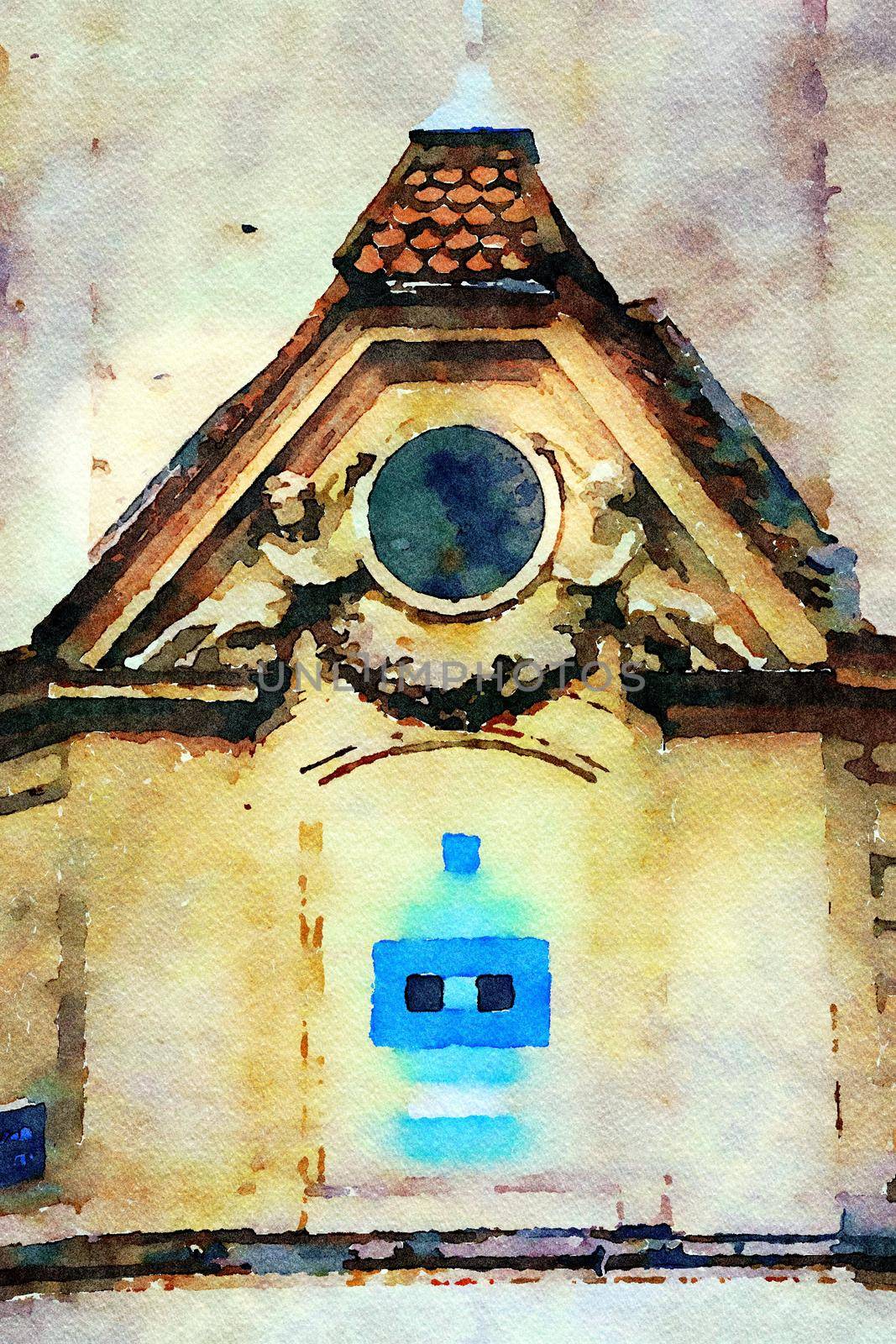 watercolor that represents an architectural detail on the facade of a historic building in an intersection of central Paris