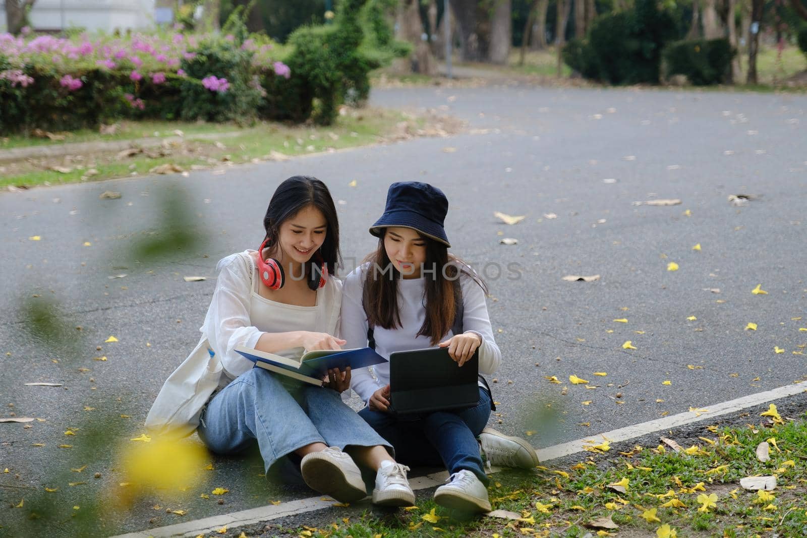 Two students are sitting in university during reading a book and communication. Study, education, university, college, graduate concept. by itchaznong