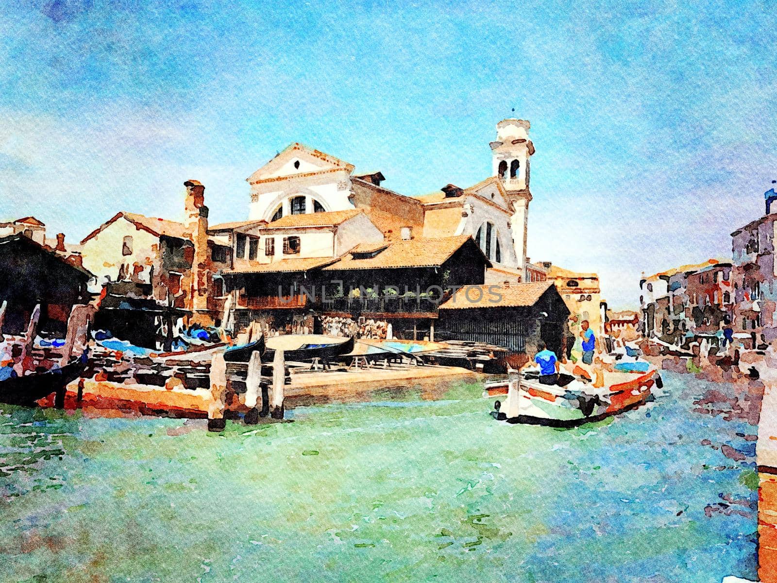 Watercolor which represents a glimpse of one of the canals between the buildings of the historic center of Venice