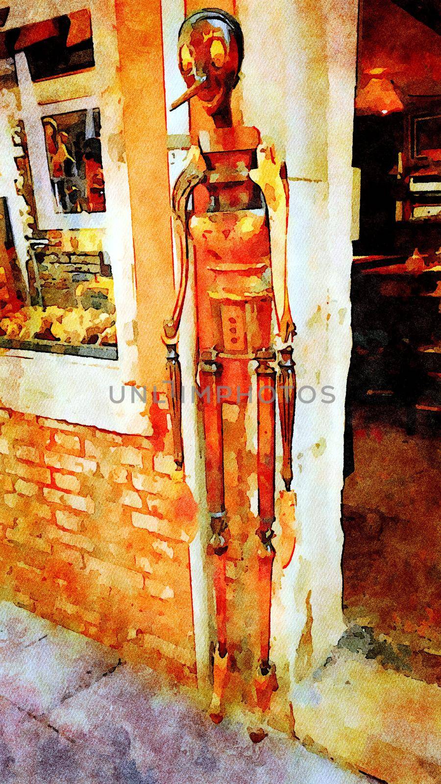 Watercolor representing Pinocchio's wooden puppet in a small street in the historic center of Venice