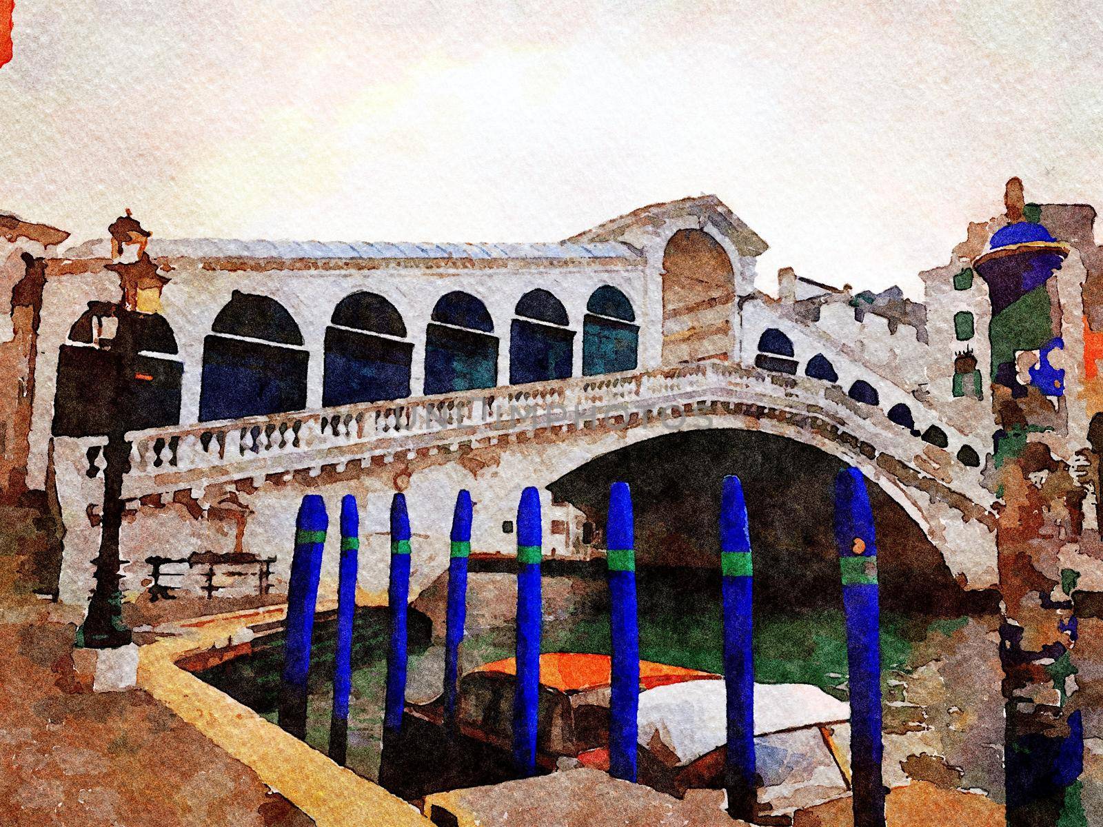 Watercolor representing a glimpse of the famous bridge in the center of Venice