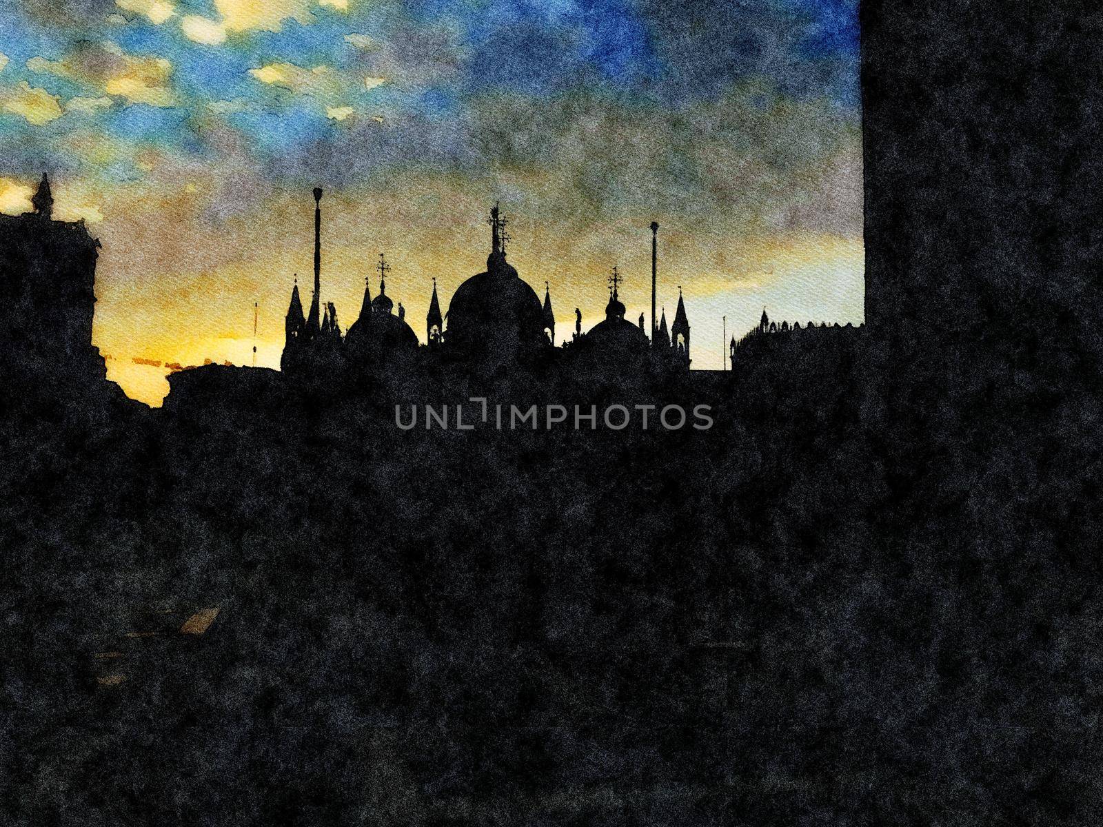 Watercolor representing the silhouettes of the cathedral of Venice