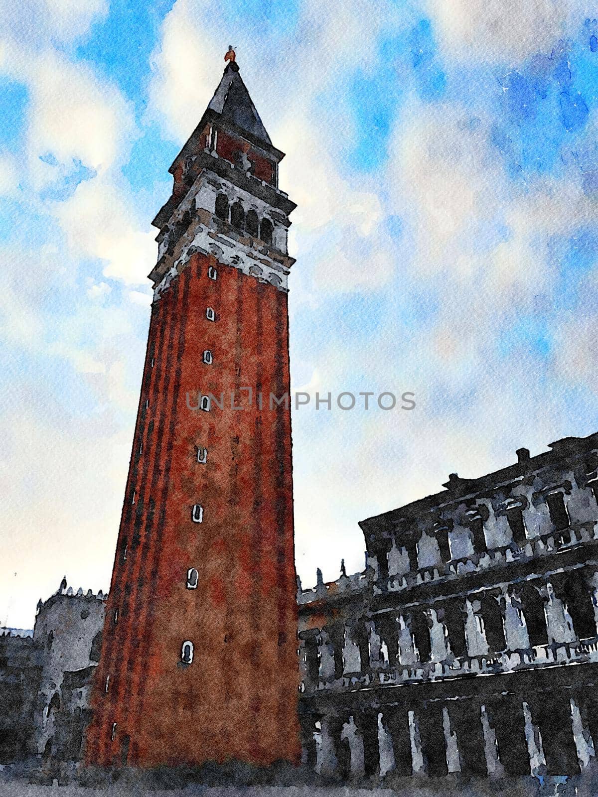 Watercolor which represents the main tower in San Marco square in Venice