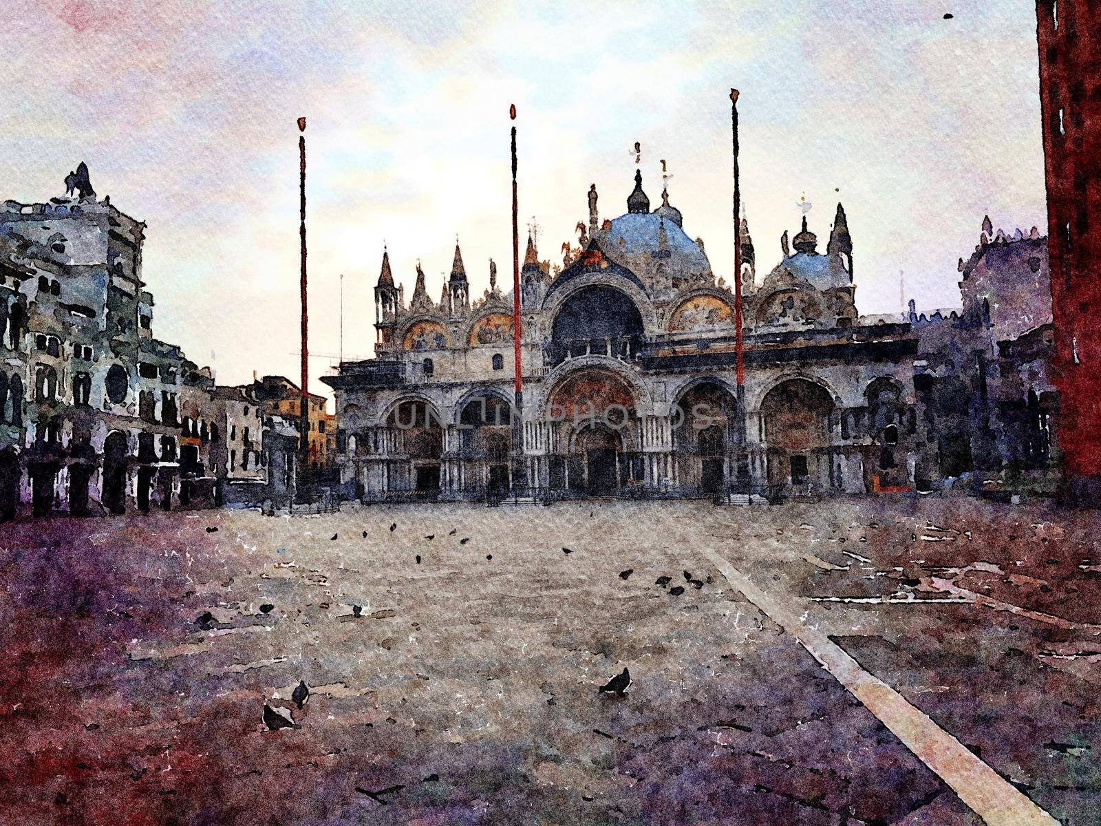 Watercolor which represents a glimpse of the main square and the cathedral of Venice