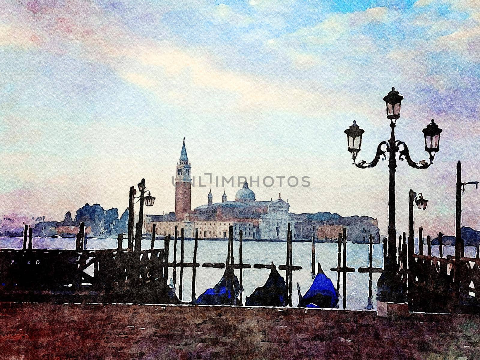 Watercolor representing one of the cathedrals of Venice seen from the grand canal