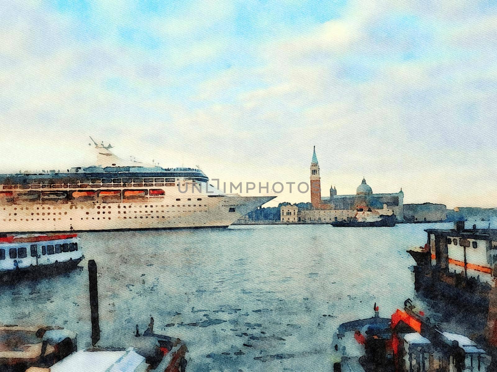 Watercolor representing a huge tourist ship that enters the great canal of Venice