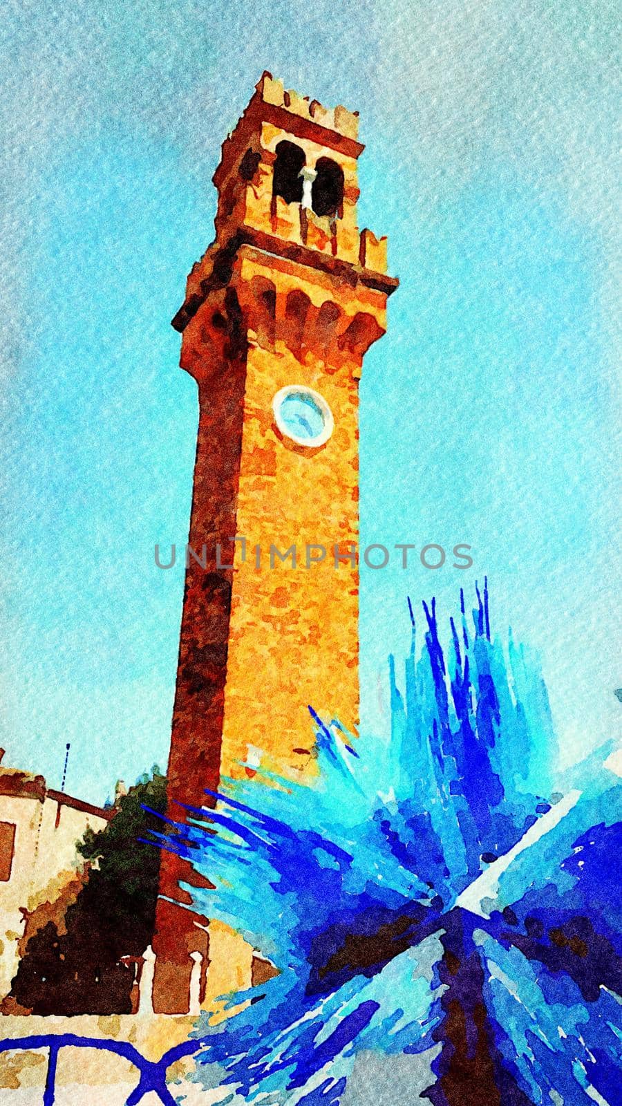 one of the towers and a blue sculpture in one of the squares in the historic center of Venice by Jamaladeen