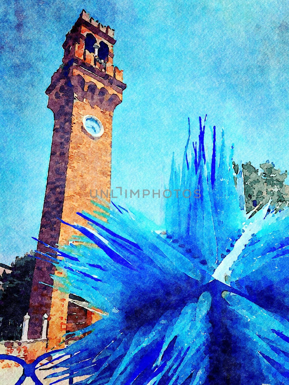 Watercolor representing one of the towers and a blue sculpture in one of the squares in the historic center of Venice