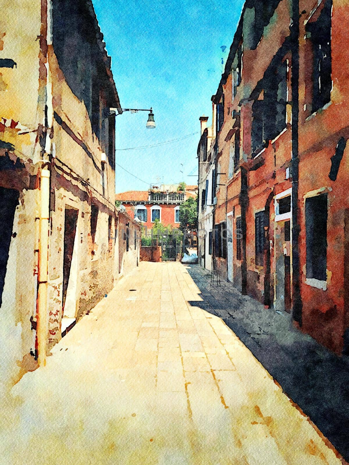 watercolor representing one of the small streets in the historic center of Venice
