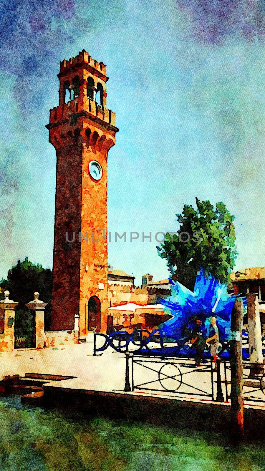 Watercolor representing one of the towers and a blue sculpture in one of the squares in the historic center of Venice