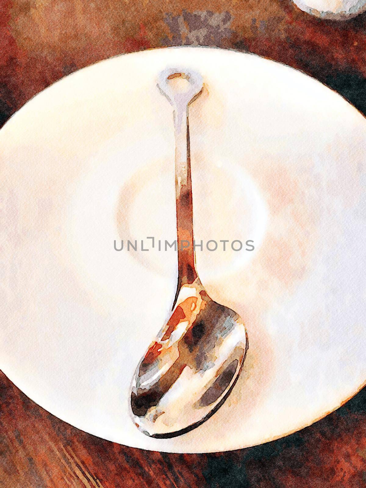 watercolor representing a teaspoon on a saucer one morning in Venice