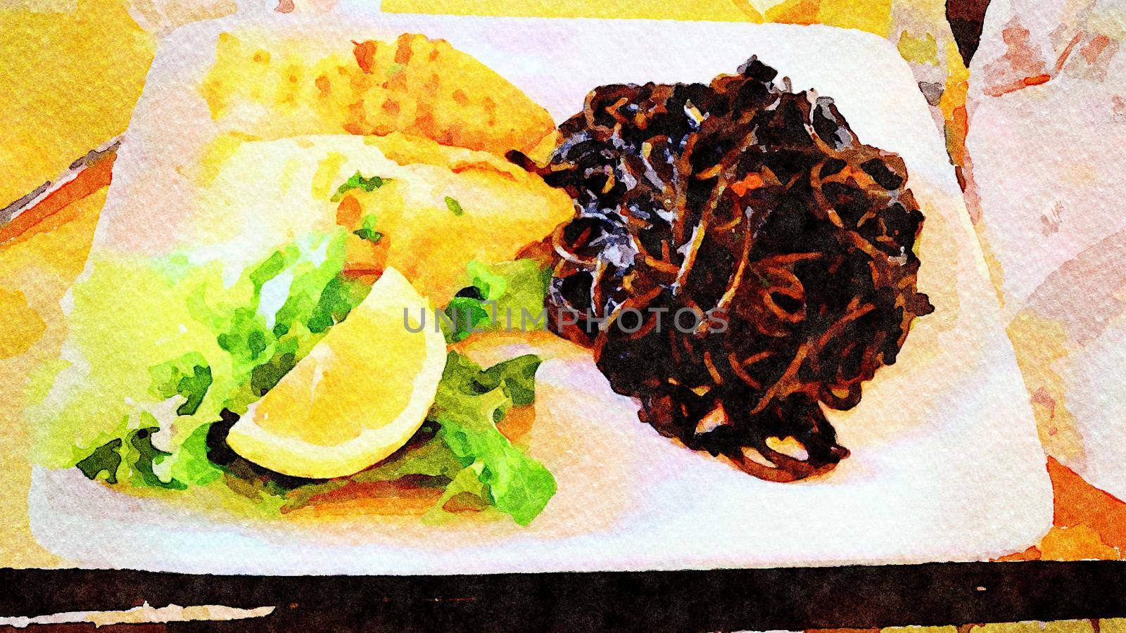 watercolor representing a dish with squid ink spaghetti and grilled squid