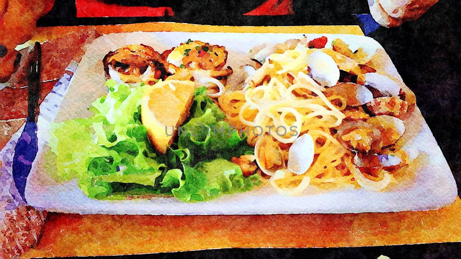 watercolor representing a dish with spaghetti with clams and barbecued octopus