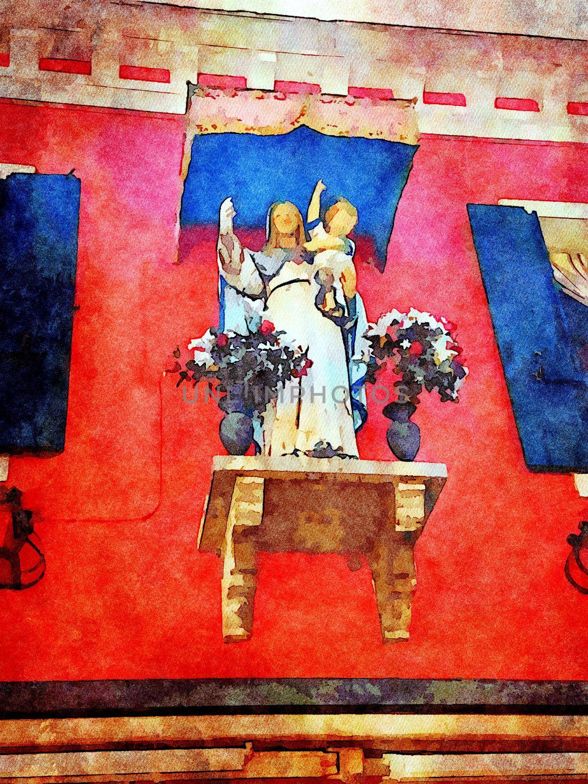 watercolor that represents the statue of a Madonna with Child on a wall of a building in Burano venice