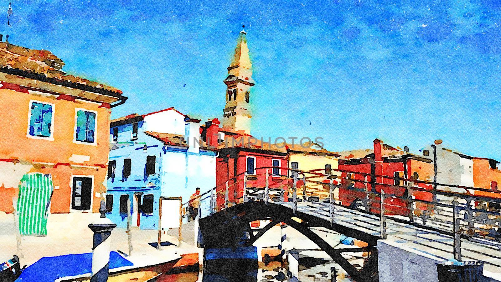 watercolor representing the colorful buildings on the canals of Burano in Venice