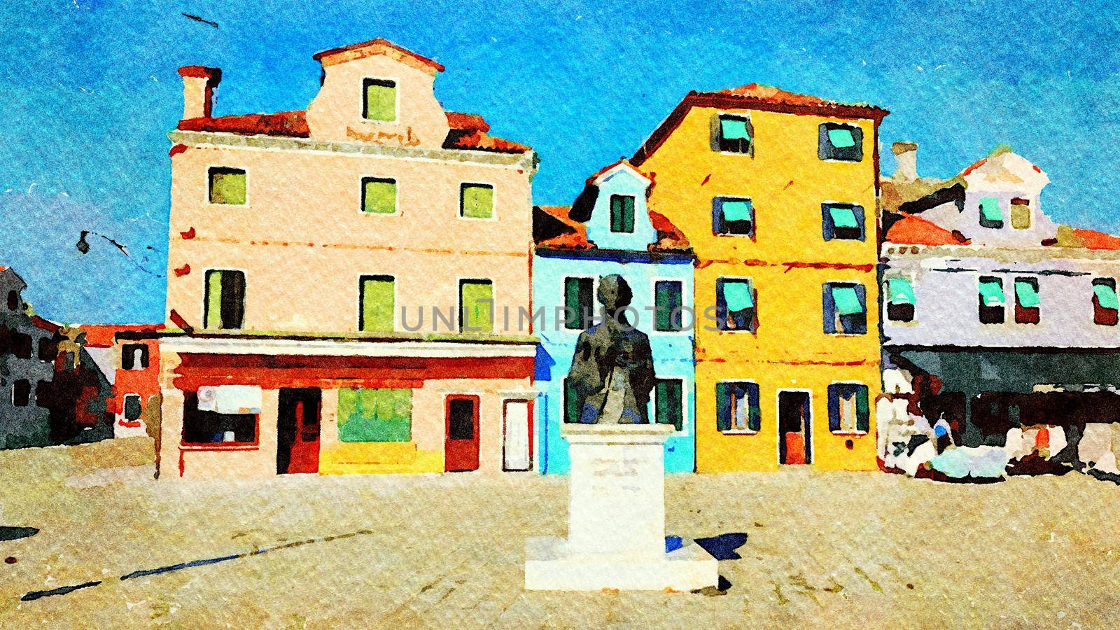 Watercolor representing the main square with the statue in Burano in Venice