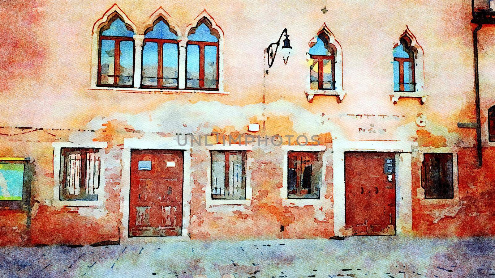 Watercolor representing the facade of a historic building in the square of Burano in Venice