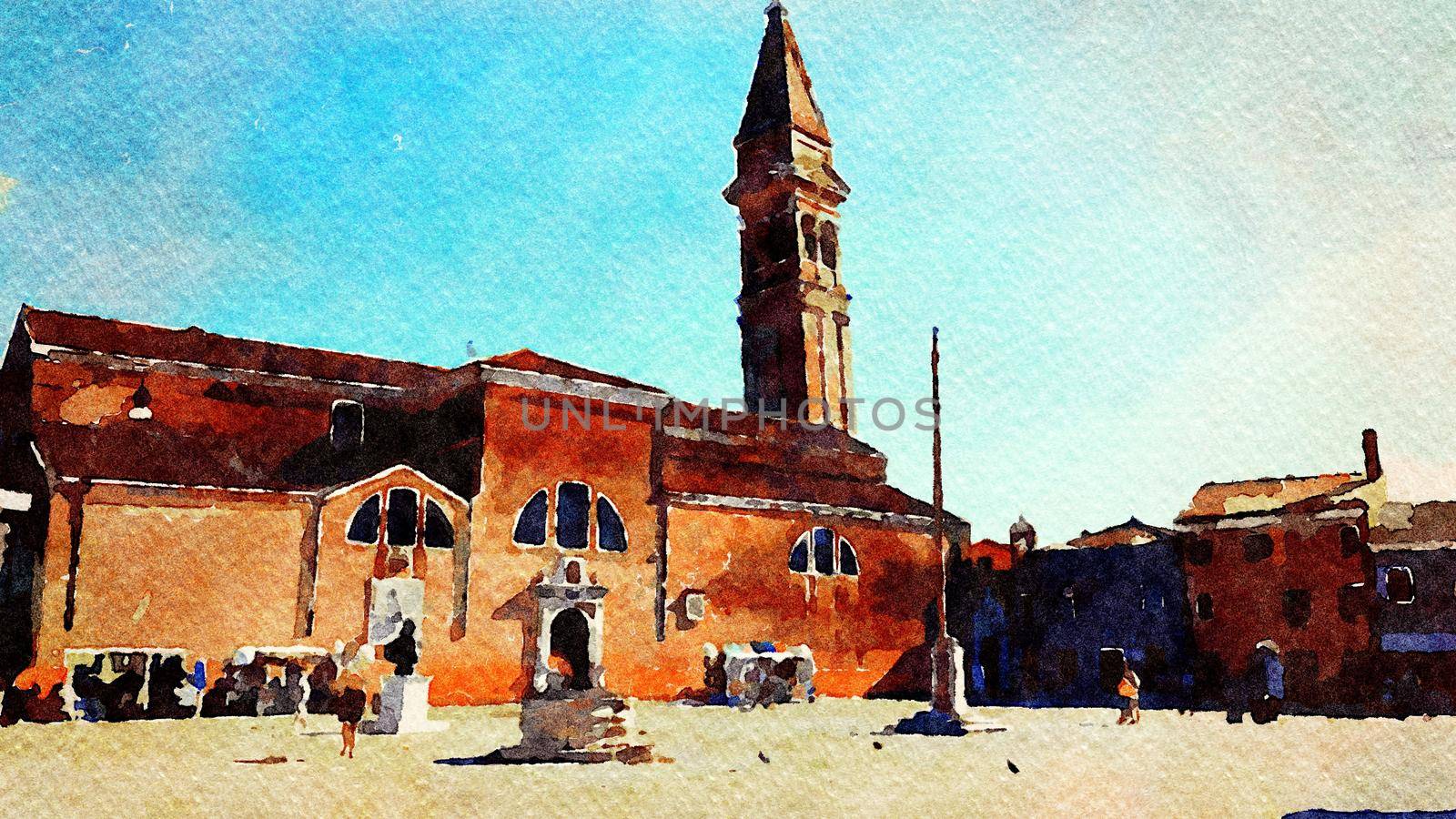 Watercolor representing the facade of the Burano cathedral in Venice