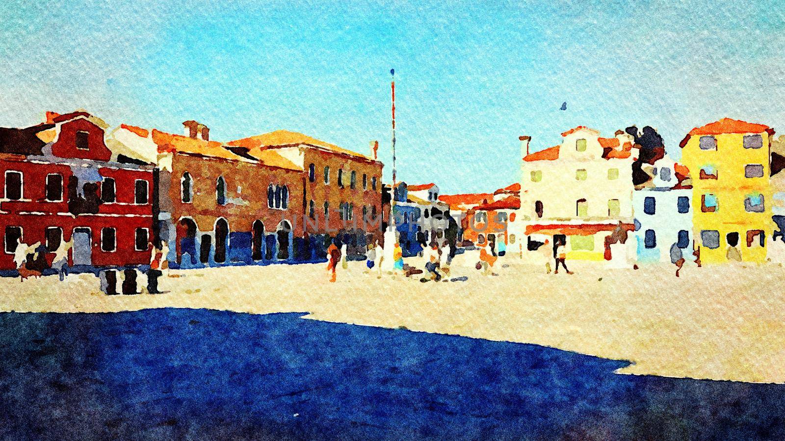 Watercolor which represents a glimpse of the main square of Burano in Venice